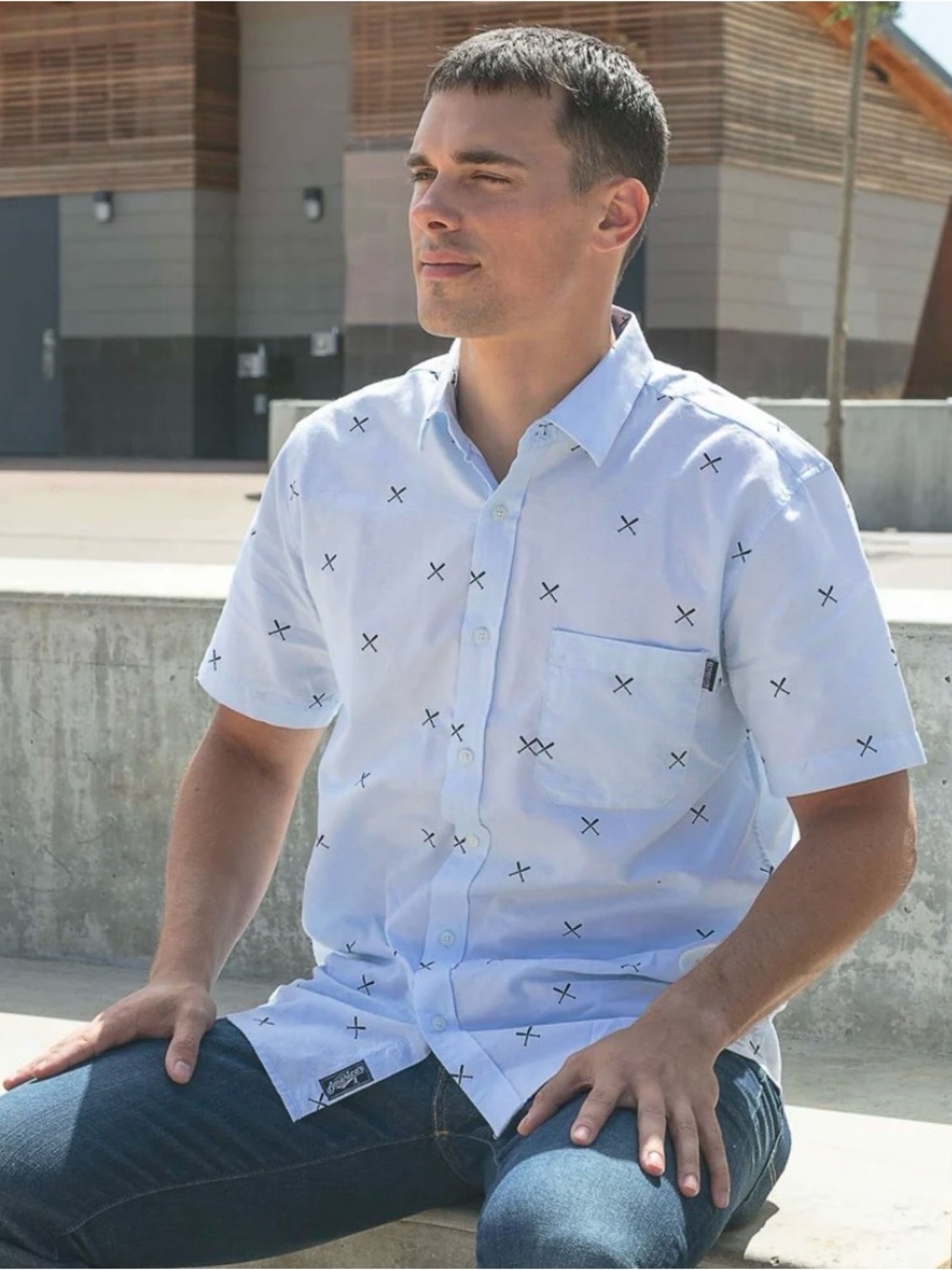 Light Blue Short-Sleeve Button-Down Shirt with Navy Baseball Cross Print